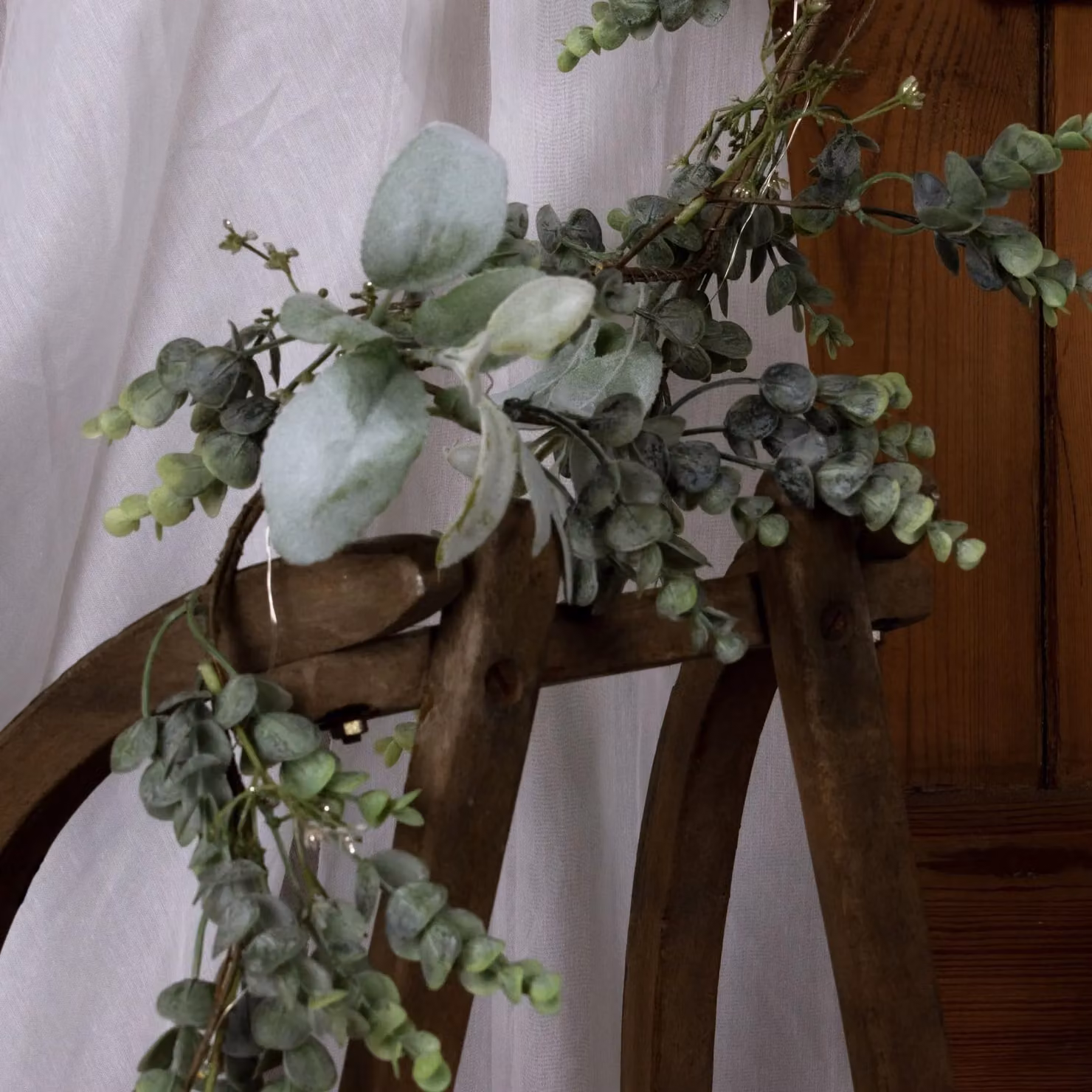 Love Lace LED Winter Garland with Green Artificial Eucalyptus and Lambs Ear Flowers – 3