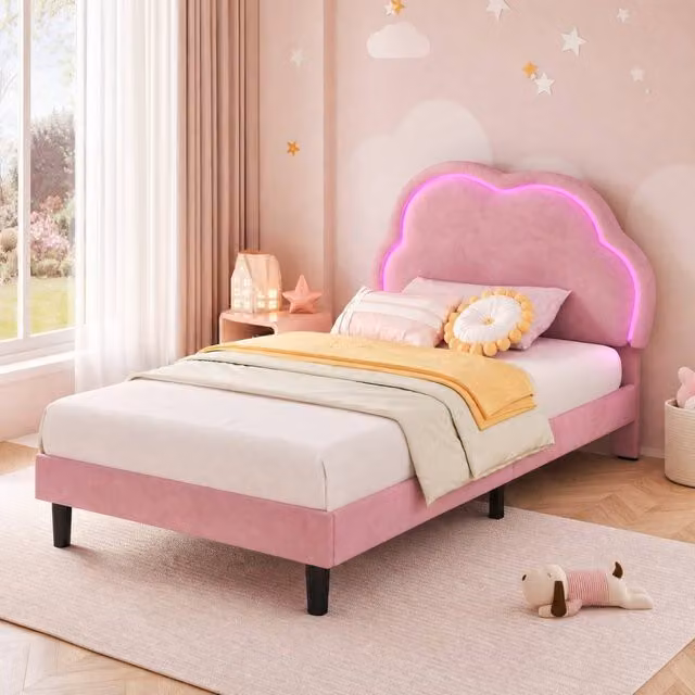 STILVORA Single Upholstered Velvet Bed with RGB LED Headboard and Drawers in Pink, W/D/H: 90 x 200 cm