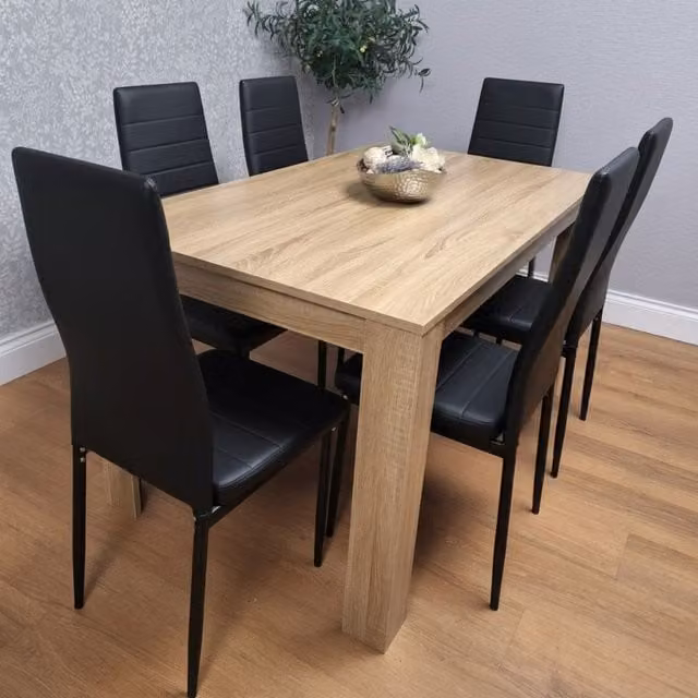 Kosy Koala Oak Effect Dining Table Set with 6 Black Faux Leather Chairs in Brown