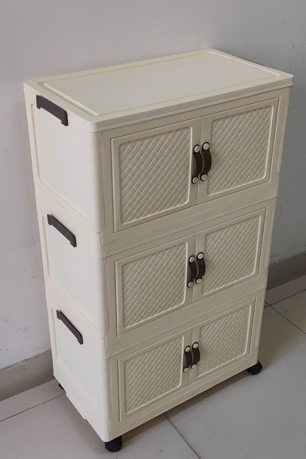 Living and Home Foldable 3-Tier Rolling Storage Cabinet with Magnetic Doors in Beige – 2