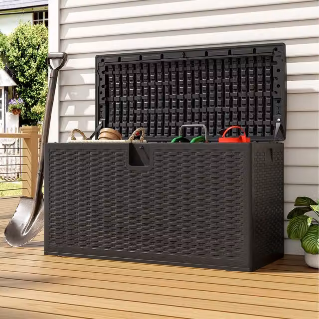 Breeins 99 Gallon Black Rattan and Plastic Outdoor Storage Box