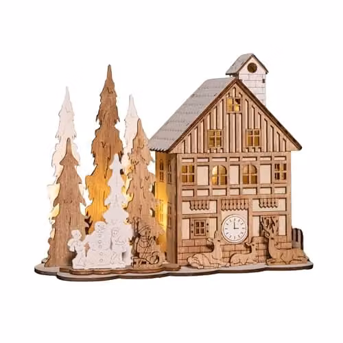 Samuel Alexander Battery Operated Light Up Wooden House Scene with Christmas Trees and Warm White LEDs in Brown and White, Height: 16 cm – 1