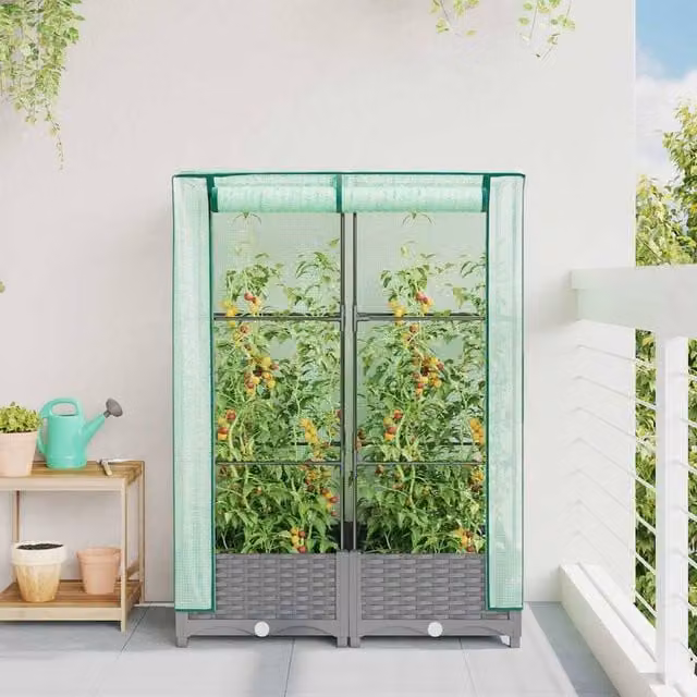 Berkfield Home Raised Bed with Greenhouse Cover in Light Grey, W/D/H: 80 x 40 x 123 cm