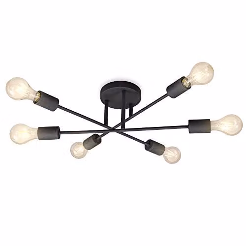B.K.Licht Industrial Black Metal Ceiling Light with Adjustable Arms and 6 x E27 Sockets