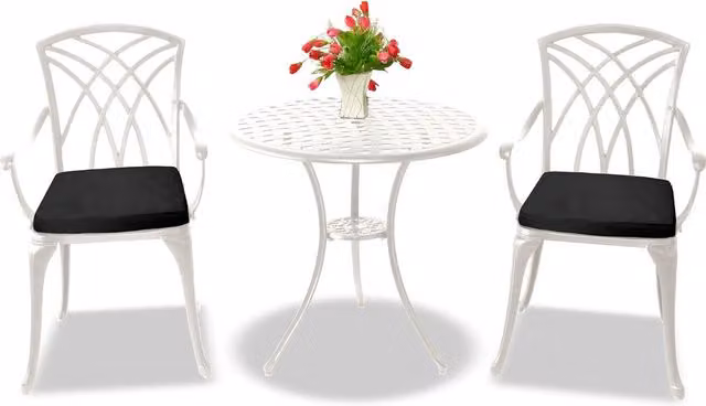 OSHOWA White Metal Outdoor Bistro Set with Table and 2 Chairs featuring Black Cushions, W/D/H: 70 x 70 x 70 cm and Chairs W/D/H: 48.5 x 48.5 x 89 cm