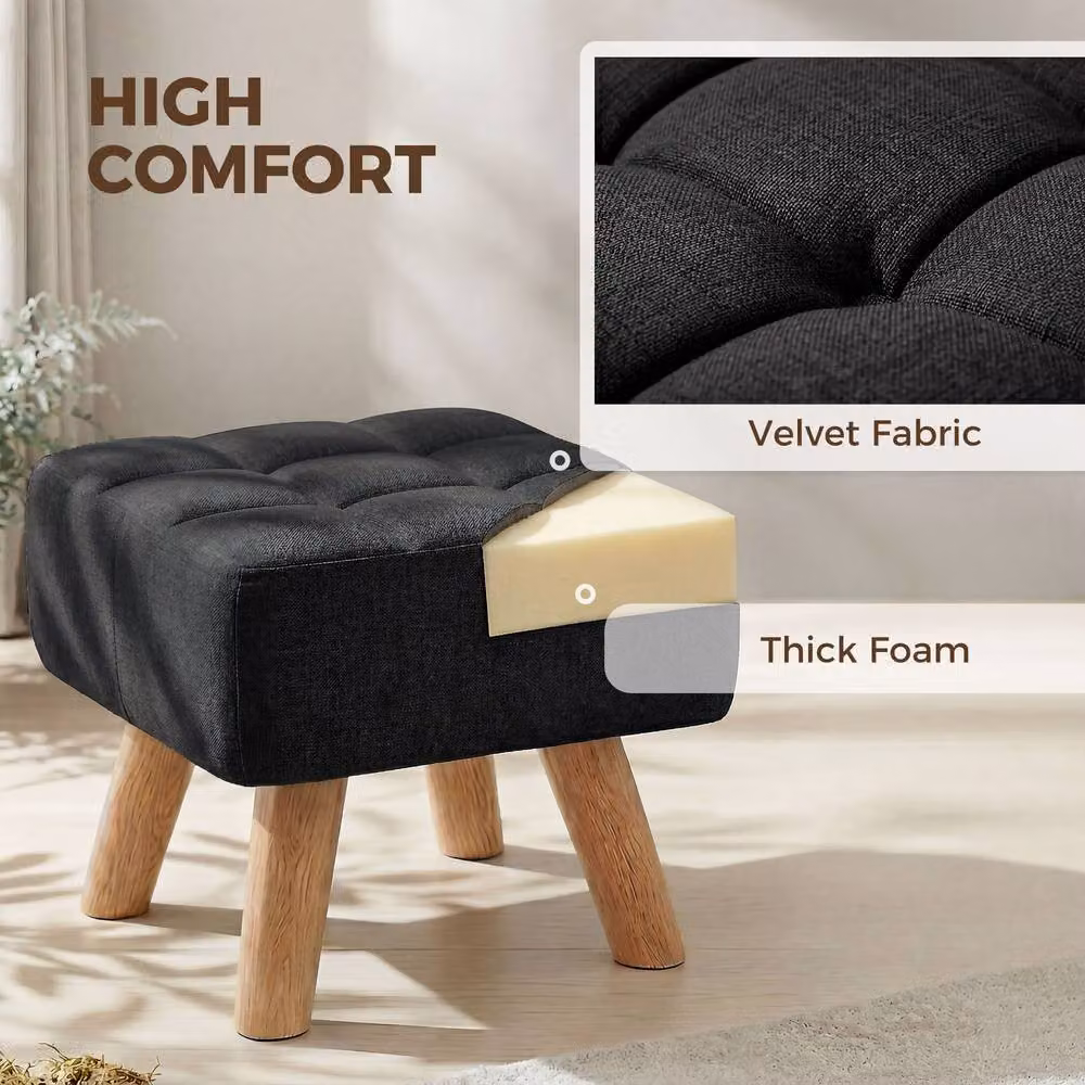 HOMCOM Modern Fabric Footstool with Rubberwood Legs in Black – 5