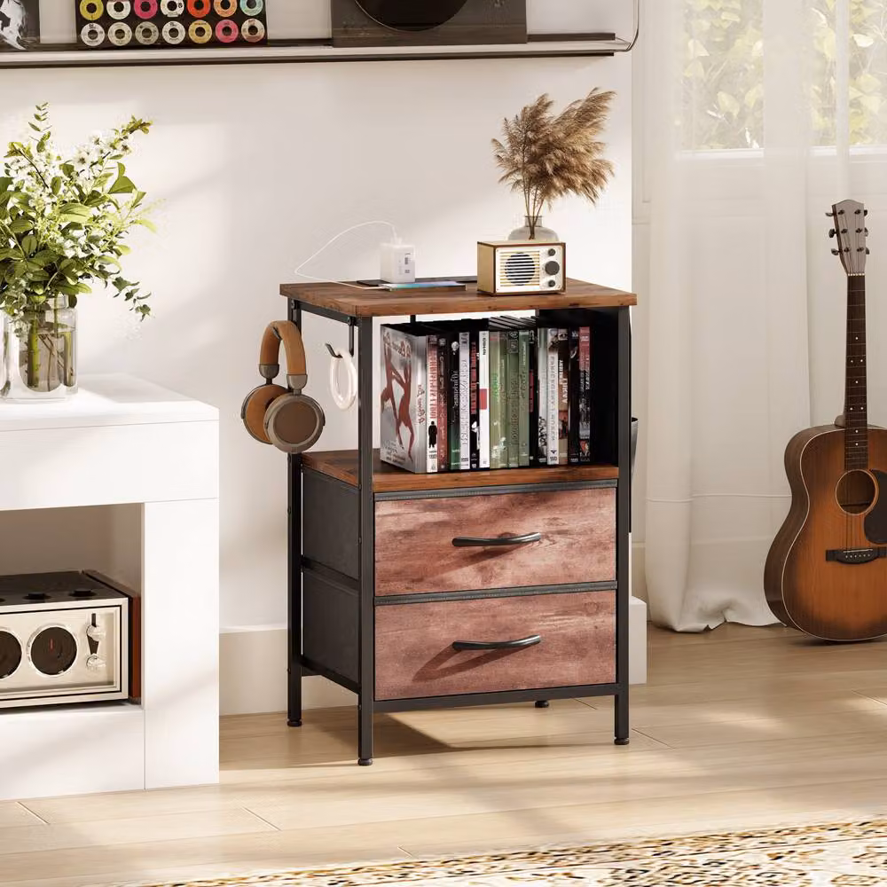 STILVORA Rustic Brown Bedside Table with Charging Station and Storage – 3