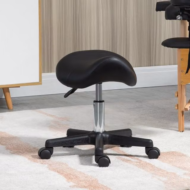 HOMCOM Adjustable Rolling Saddle Stool in Black with Synthetic Leather and Metal Frame – 1