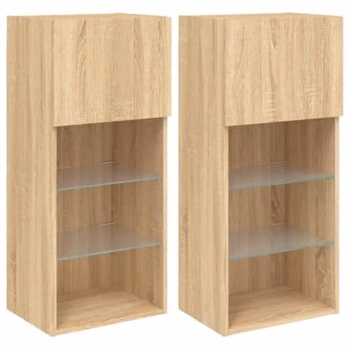 vidaXL Set of 2 Modern Wall Mounted TV Cabinets with Integrated LED Lights and Internal Shelves, Sonoma Oak Brown, W/D/H: 40.5 x 30 x 90 cm