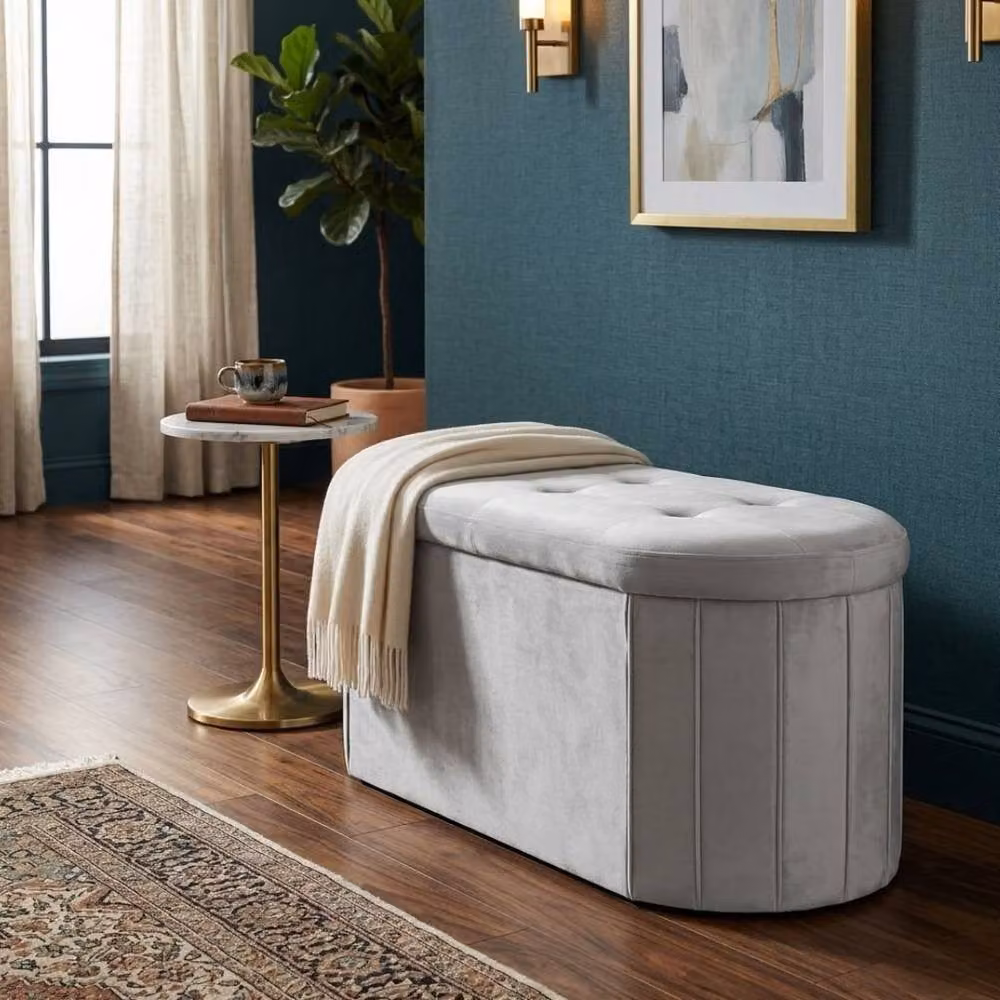 HOME LUXE INTERIOR Grey Velvet Oval Storage Ottoman Padded Bench and Blanket Box – 4