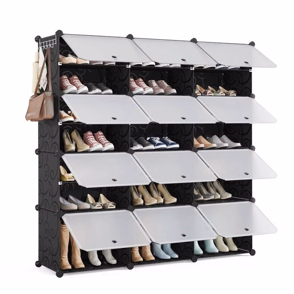 KORVIXA Black Plastic Portable Shoe Cabinet with Hinged Doors and Internal Shelves, W: 100 cm – 2