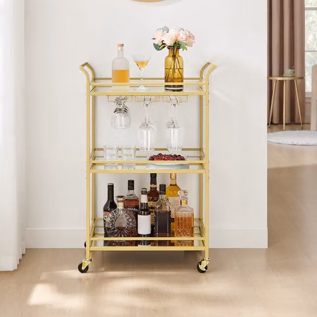 VASAGLE 3-Tier Gold Drinks Trolley with Glass and Metal Shelves