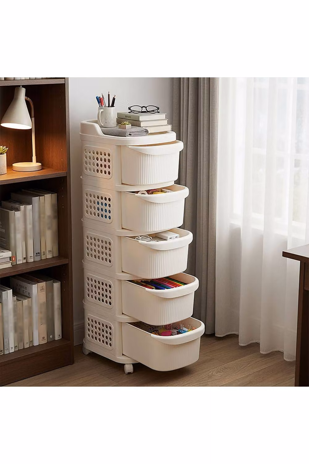 Living and Home 5-2 Drawer Rolling Storage Cart with Hooks in Cream – 2