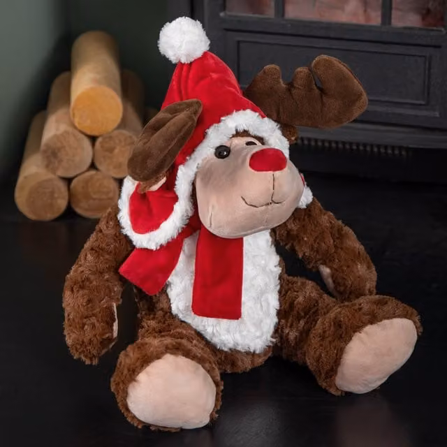 Samuel Alexander Brown Sitting Plush Christmas Reindeer with Red Hat and Scarf, Height: 30 cm