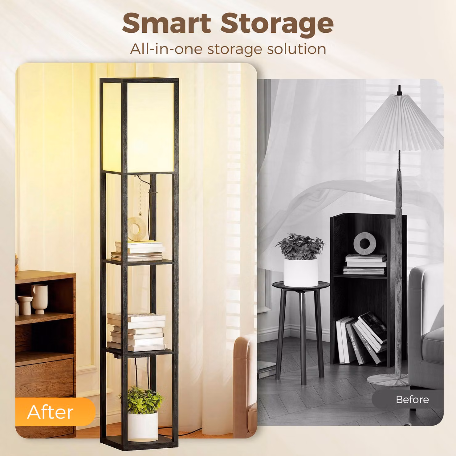 HOMCOM Modern Black Floor Lamp with 3-Layer Shelves and LED Lighting – 4