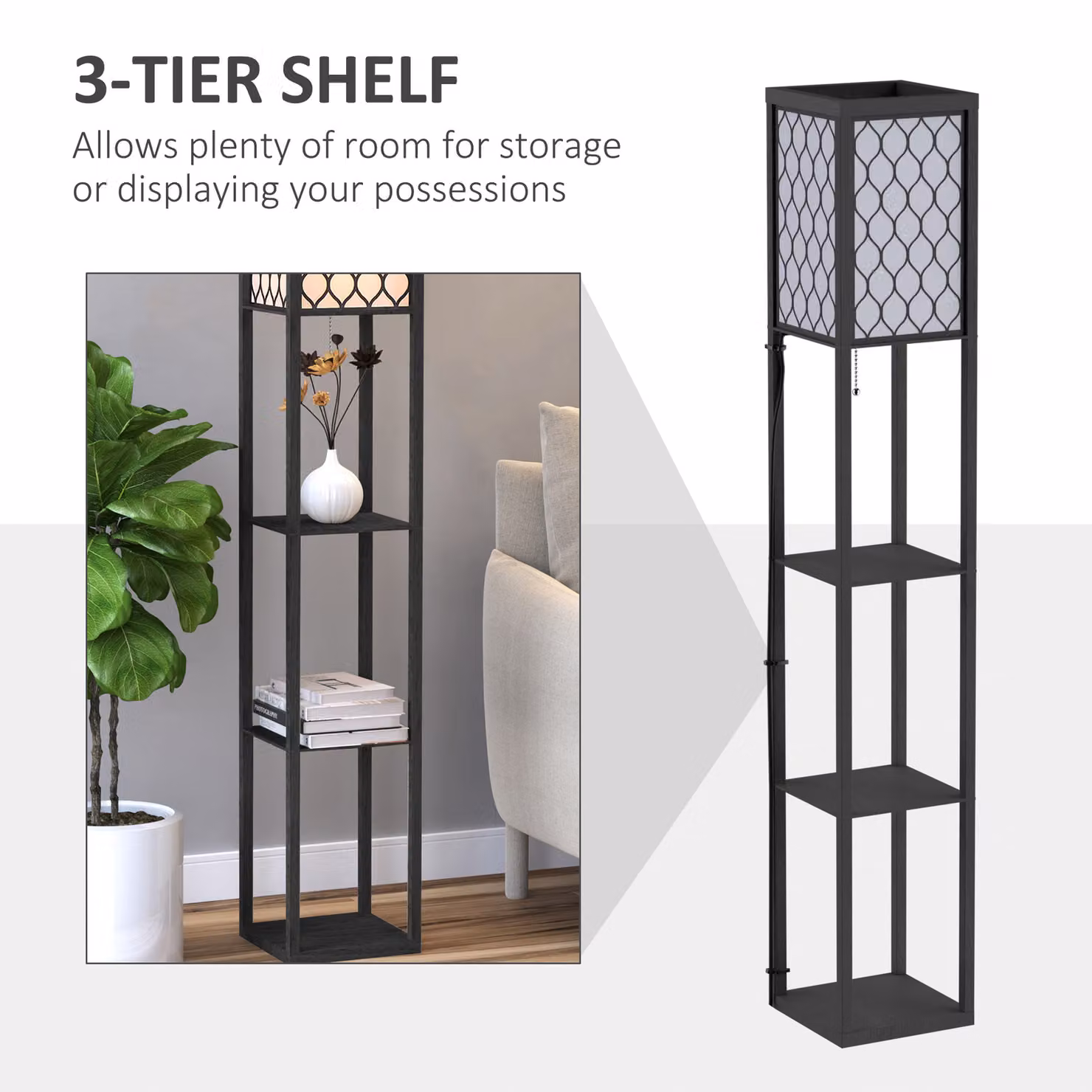 HOMCOM Set of 2 Modern Black Three-Shelf Floor Lamps with Wood and Metal Design – 6