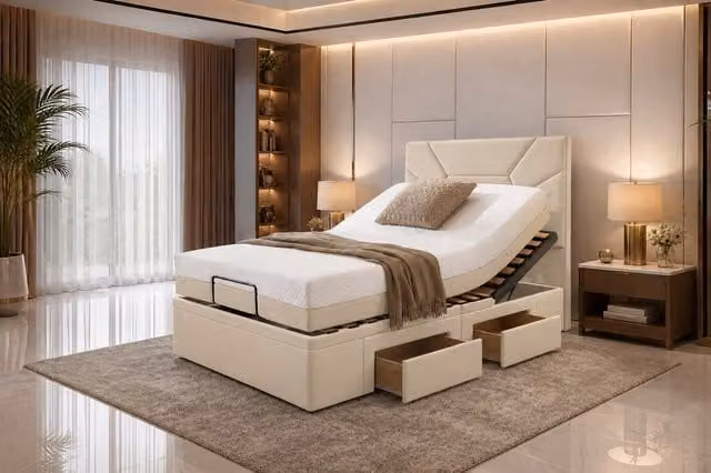 EliteFlex Electric Adjustable Bed with Mattress and Drawers in Beige and Silver