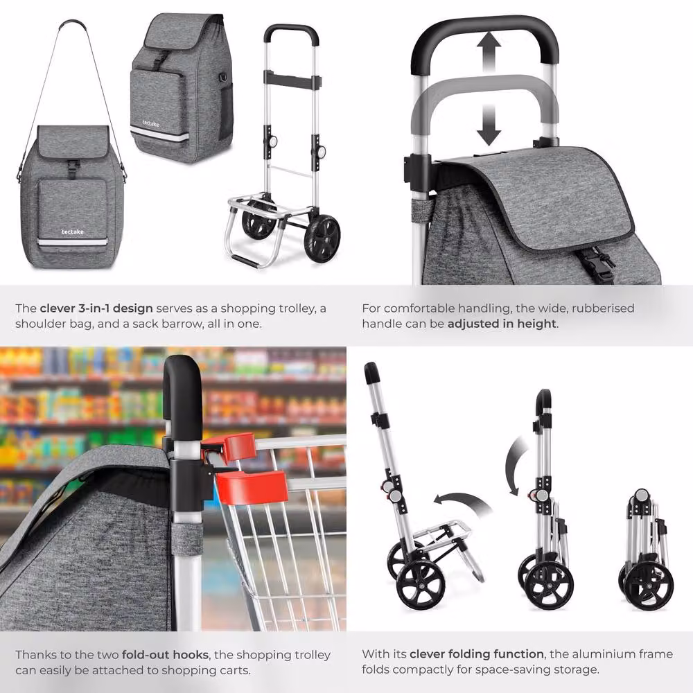 tectake 3-in-1 Foldable Shopping Trolley with Cooler Bag in Grey – 5