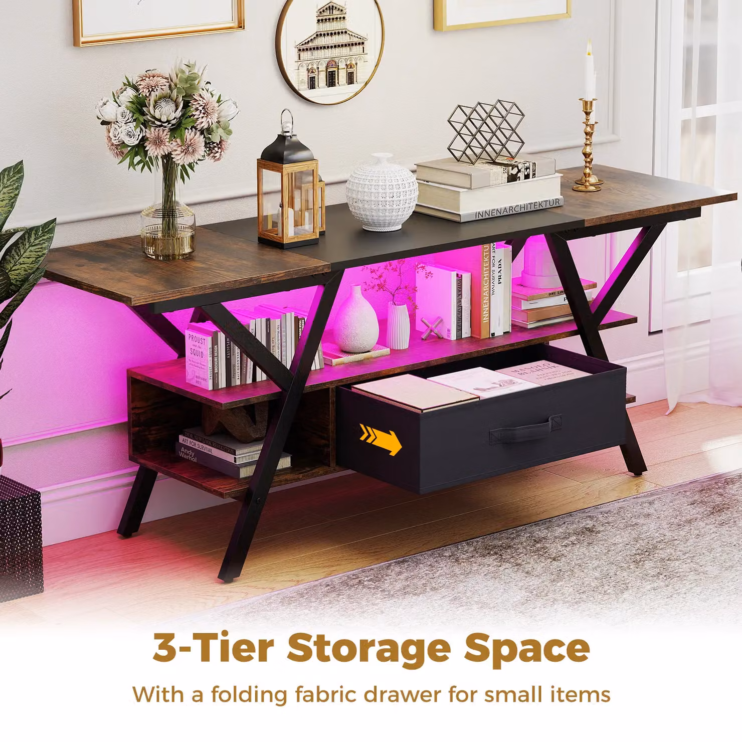Gymax 3-Tier Industrial TV Stand in Brown with LED Lights and Power Outlets for up to 65 inch TVs – 5
