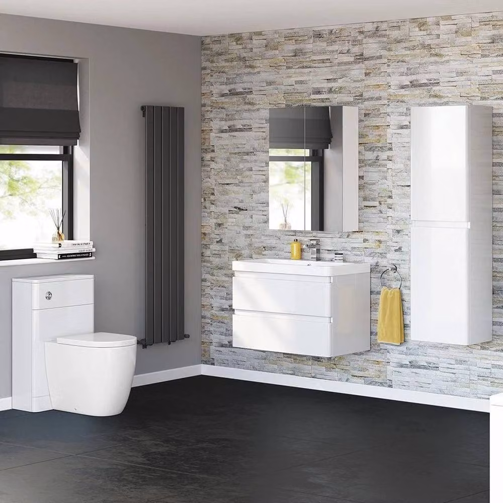 FLAVORA Modern White Glossy Wall Mounted Bathroom Vanity Unit with Built In Sink Basin – 3