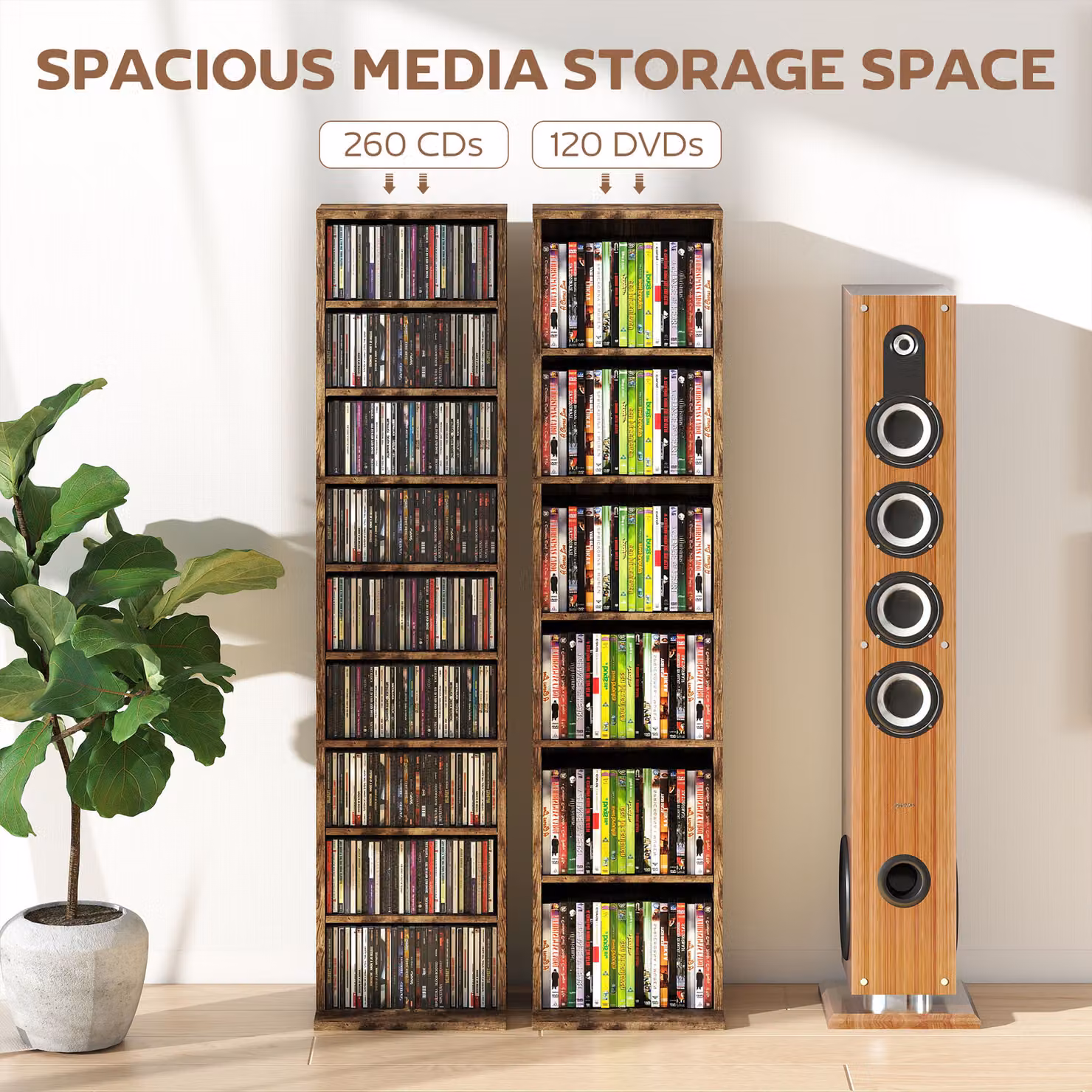 HOMCOM Narrow Wall Mounted CD Storage Unit with Adjustable Shelves and Media Compartments in Rustic Brown – 4
