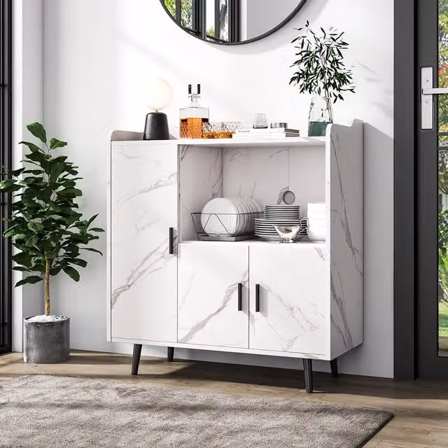 Livingandhome Modern White Freestanding Kitchen Cabinet with Hinged Doors and Open Shelf