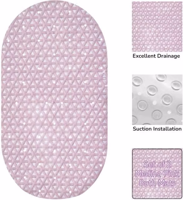 Showerdrape Medina Anti Slip Pink PVC Bath Mat, 2 Pack, W: 69 cm, D: 36 cm