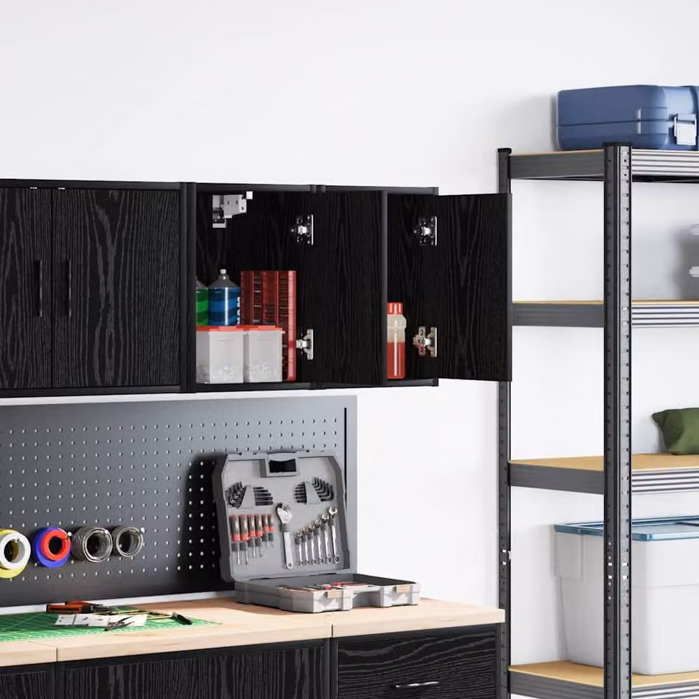 Berkfield Home Set of 2 Black Matt Engineered Wood Wall Mounted Garage Cabinets with Hinged Doors and Internal Shelves – 2