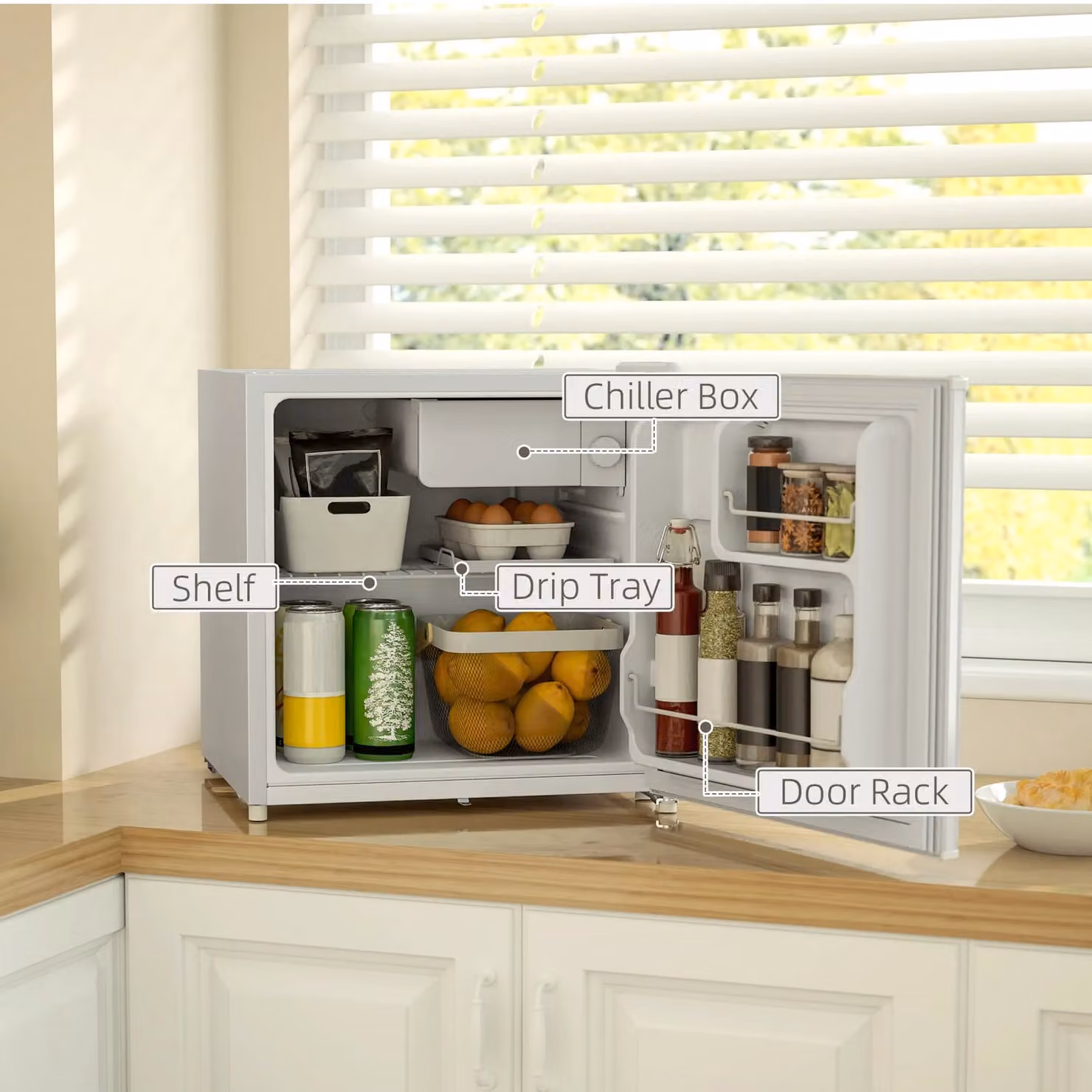 HOMCOM 46L Countertop Mini Fridge with Chiller Box in Beige – 3