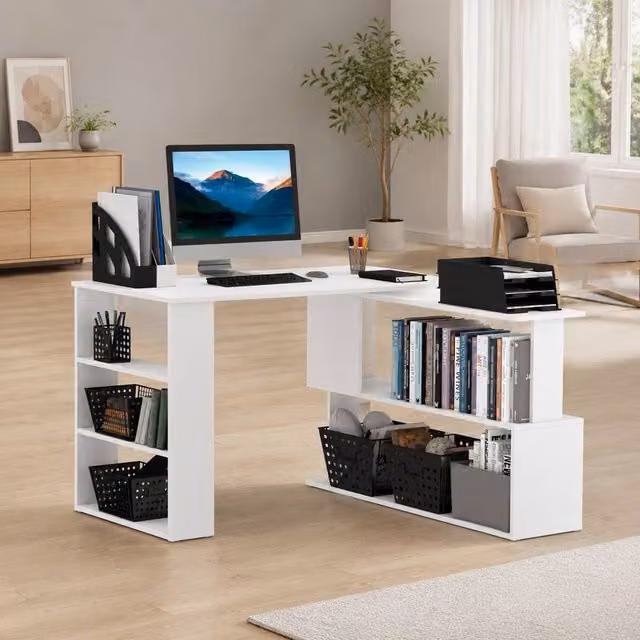 STILVORA L Shaped Corner Desk with Rotating Top, White – 1