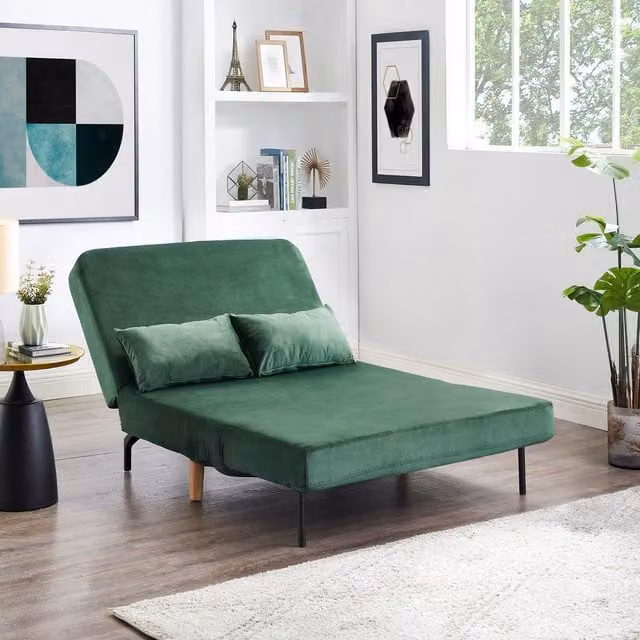 George Green Velvet Double Futon Sofa Bed with Scatter Cushions