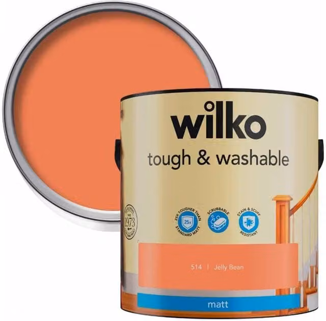 wilko Tough and Washable Matt Emulsion Paint, Orange, 2.5 l