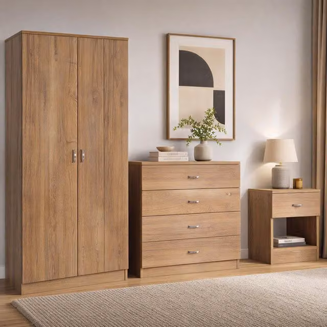 FWStyle Promo Modern 3 Piece Bedroom Furniture Set in Oak Effect Brown