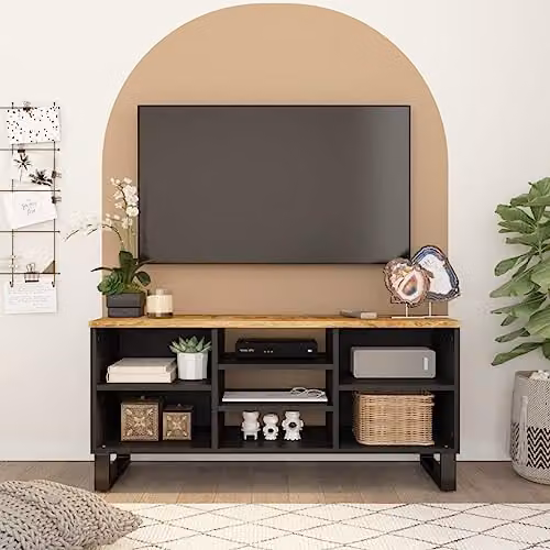 vidaXL Brown Acacia and Mango Wood TV Cabinet with Storage Shelves and Iron Feet – 2