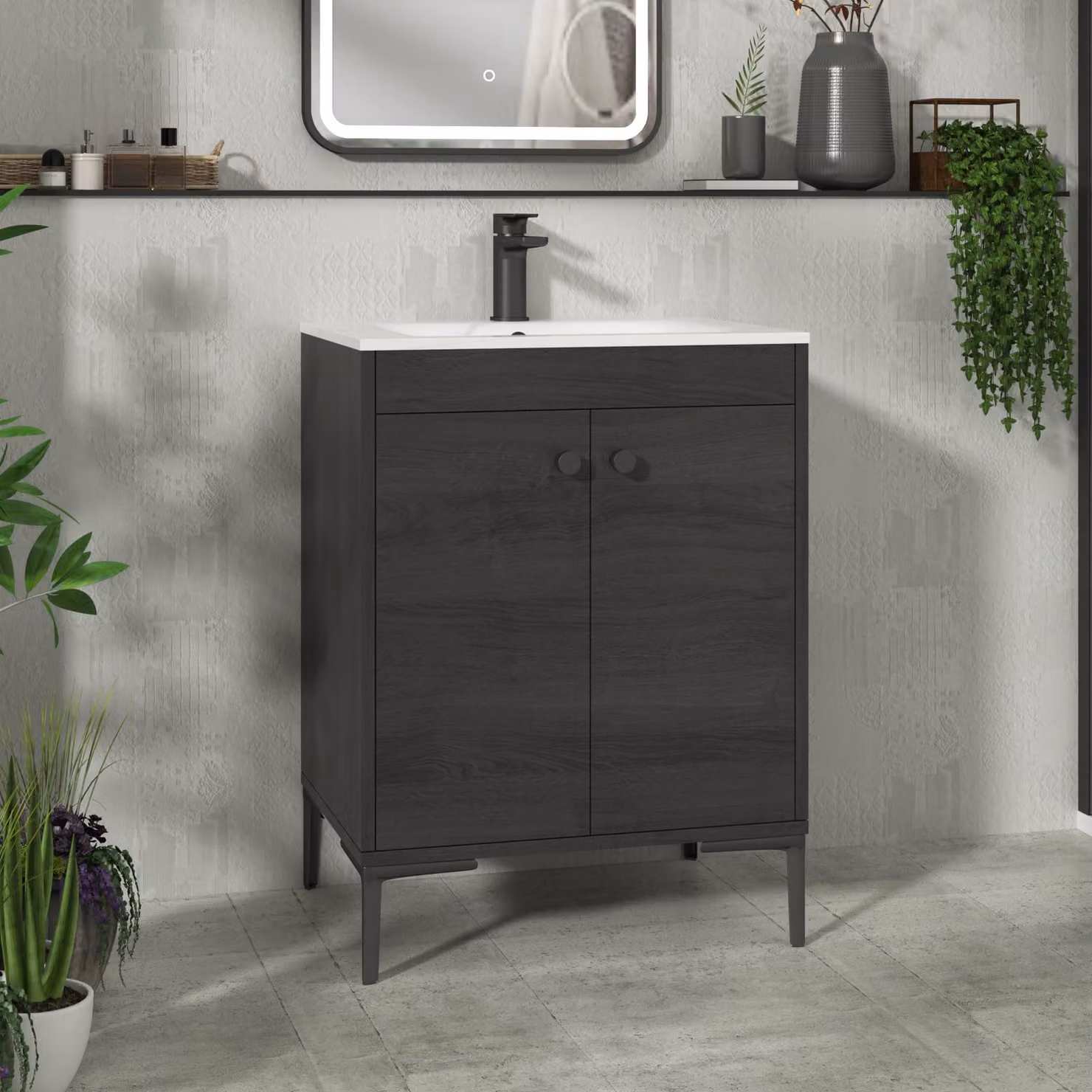 Royal Bathrooms Verona 600mm Black Woodgrain Floor Standing 2 Door Vanity Unit with Carrara White Basin and Matt Black Knob