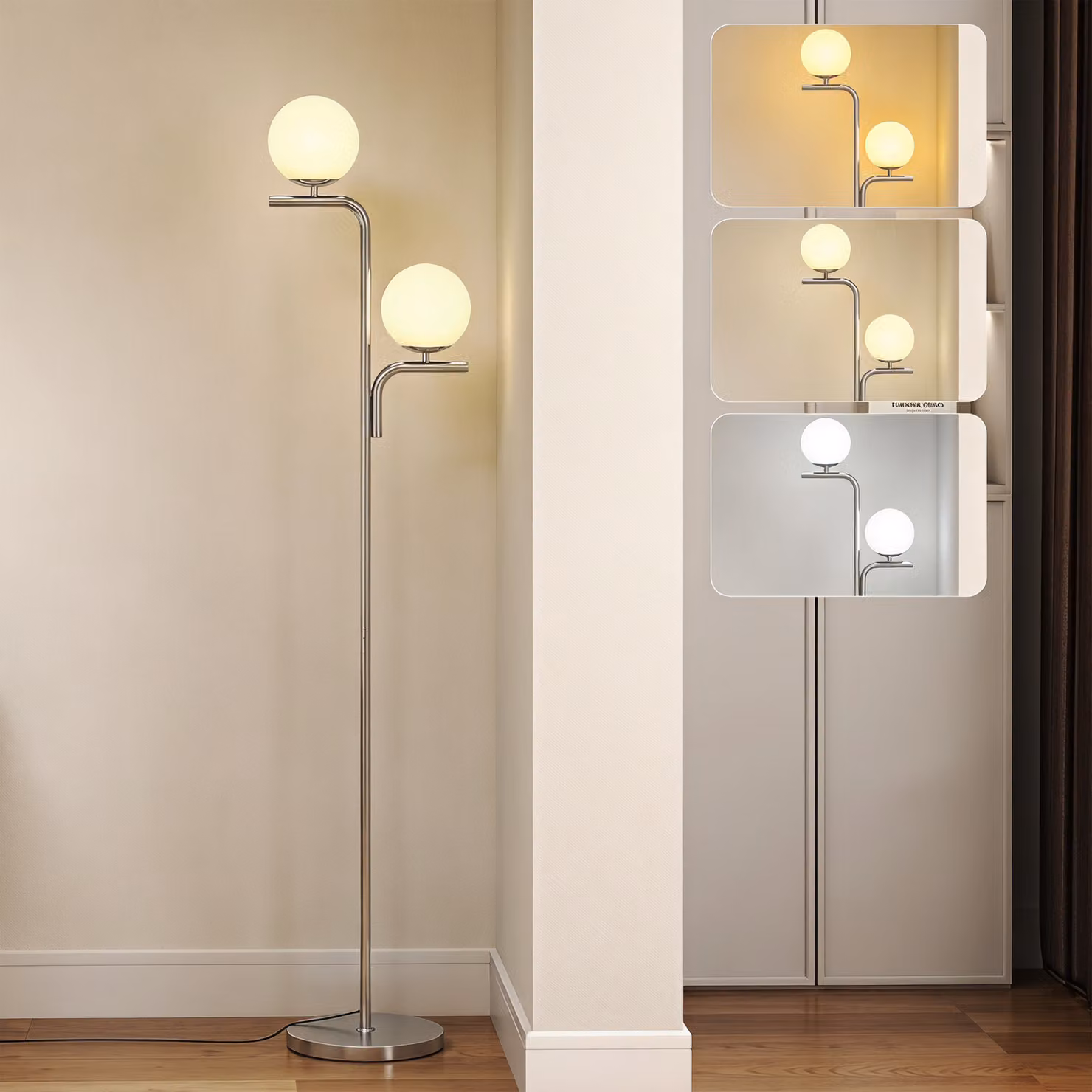 HOMCOM Modern LED Floor Lamp with Silver Tone Metal Base, Globe Glass Shades and Foot Switch – 2