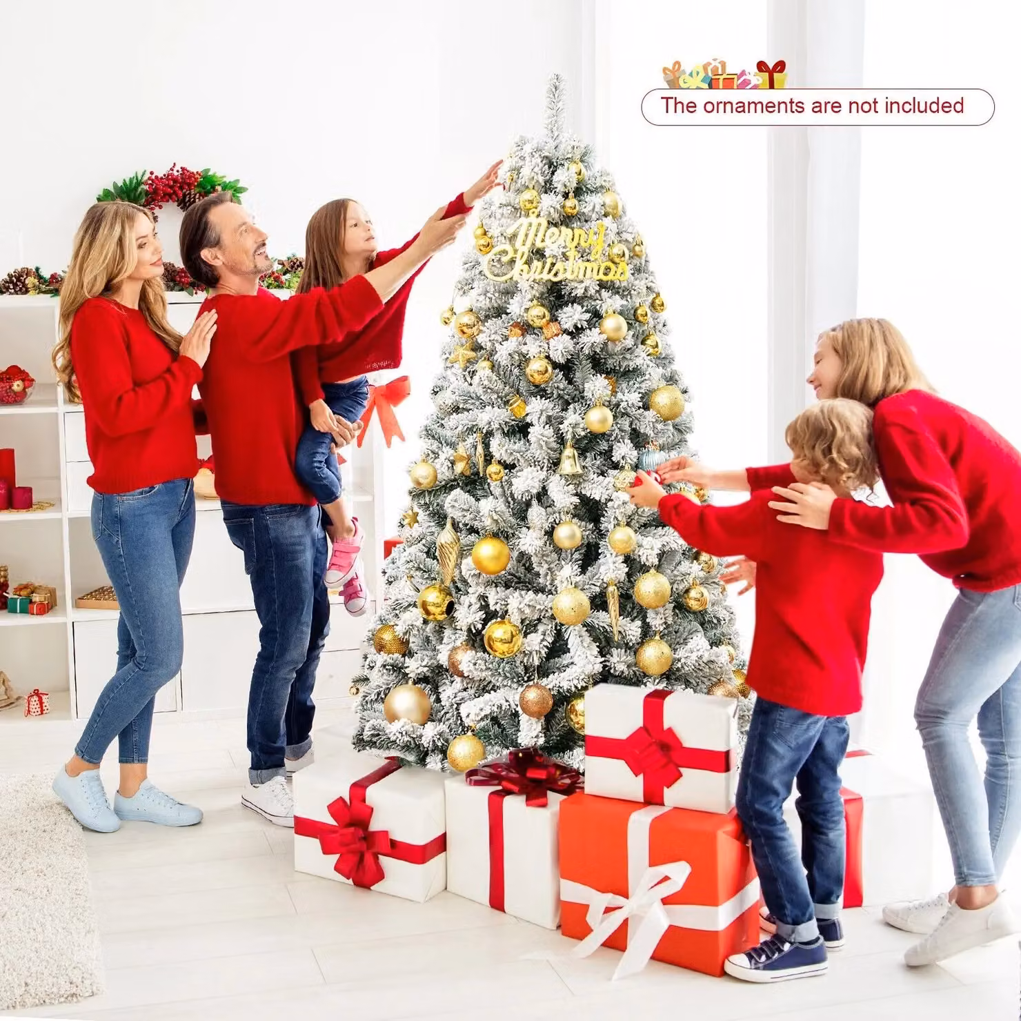 Gymax Snow Flocked Artificial Christmas Tree, Unlit Hinged Xmas Tree in Green – 3