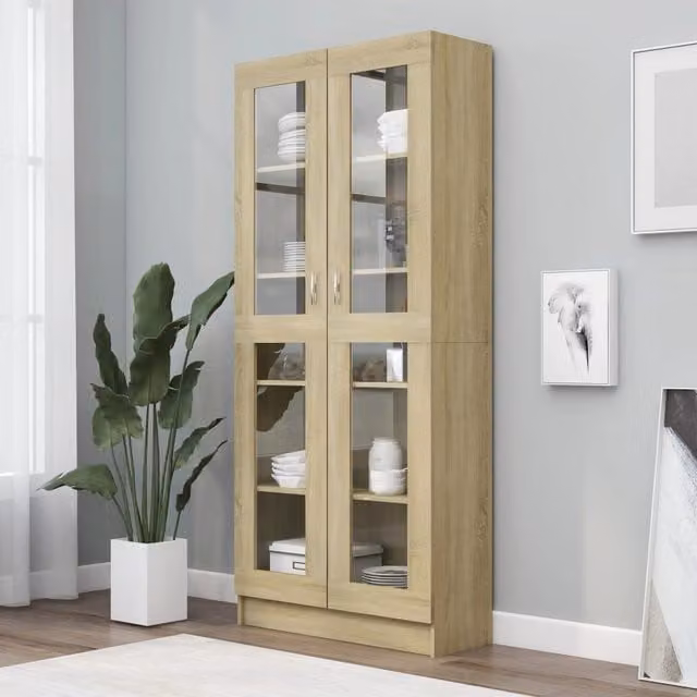 Berkfield Home Vitrine Cabinet in Sonoma Oak Brown with Glass Doors, W/D/H: 82.5 x 30.5 x 185.5 cm – 1
