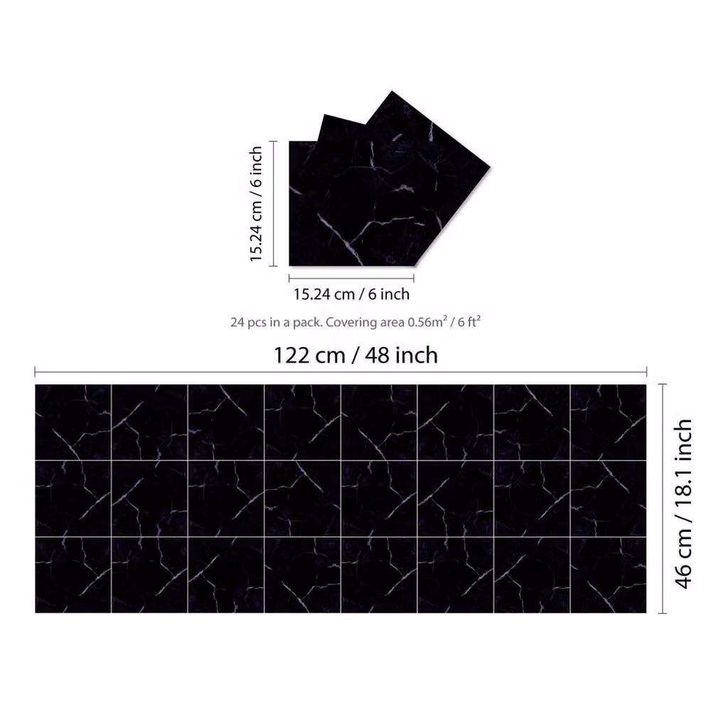 PAWNORA Coal Black Marble Look Glossy Wall Tile Stickers – 2