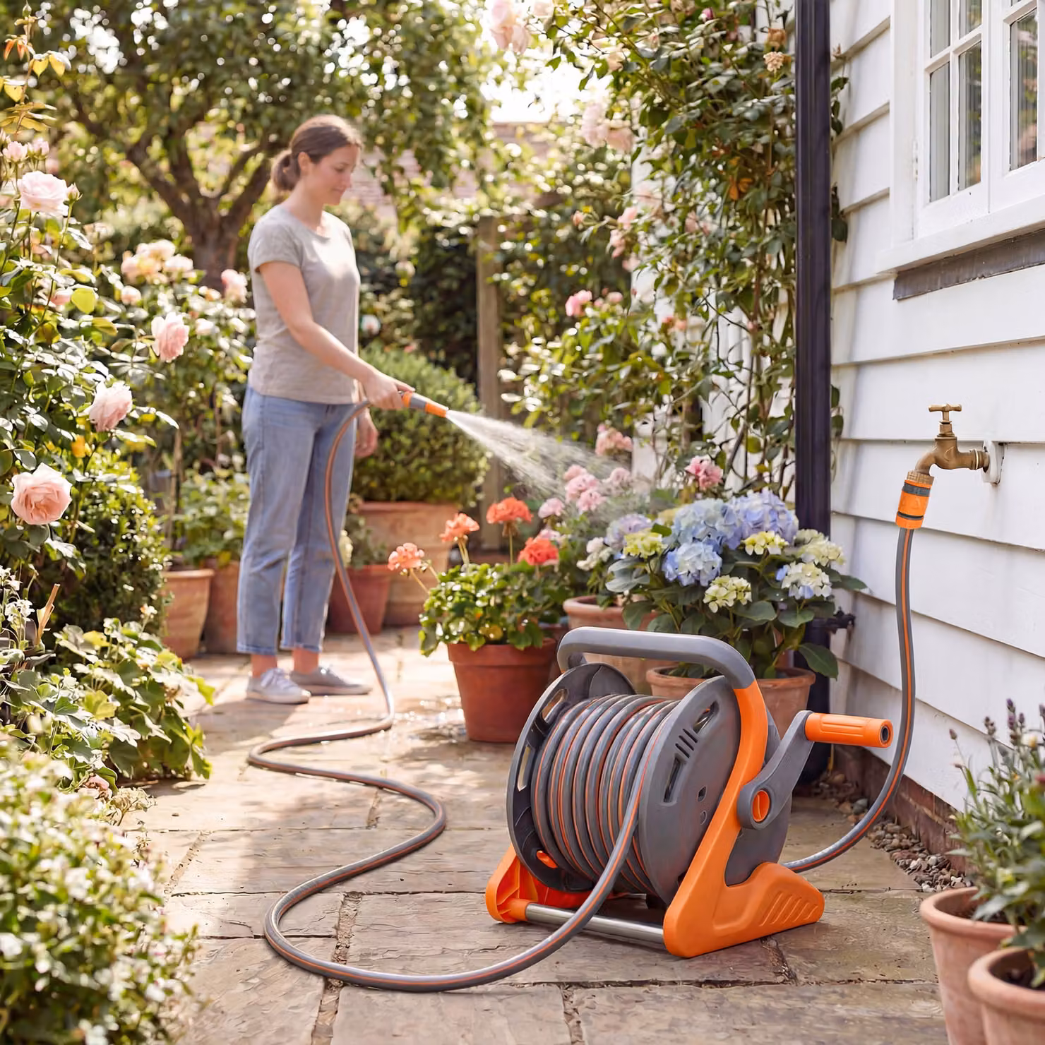 Outsunny Portable Wall Mounted Garden Hose Reel with 2-Pattern Spray Nozzle and Crank Handle, Orange – 6