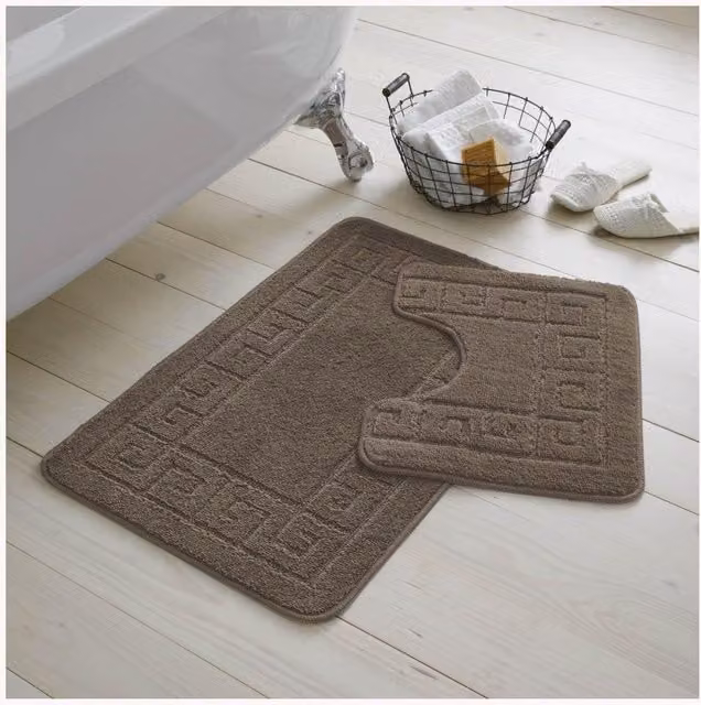 Gaveno Cavalia 2 Piece Greek Bath Set in Latte Brown with Non-Slip Bath Mat and WC Pedestal Mat – 1