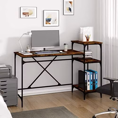 vidaXL Computer Desk with Shelves in Smoked Oak and Brown, W/D/H: 135 x 50 x 90 cm – 2