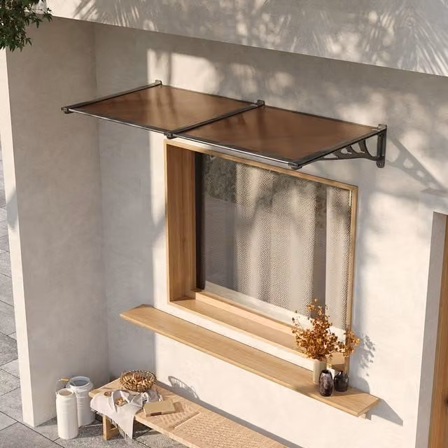 Livingandhome Overdoor Awning Rain Canopy in Brown and Black with Polycarbonate and Aluminium, Width: 200 cm