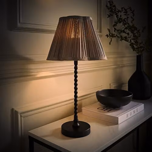 ValueLights Maeve Black Bobbin Table Lamp with Dark Grey Pleated Faux Silk Scallop Shade and LED Bulb Included – 2
