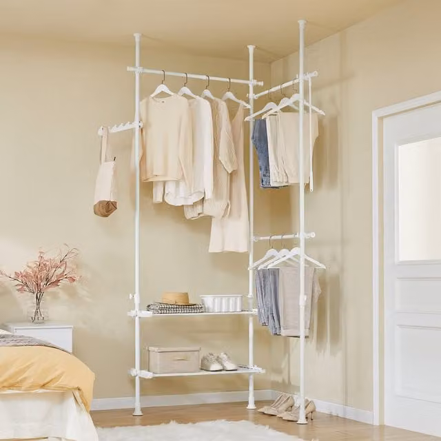 SoBuy Telescopic Metal Clothes Rail with Shelves in White