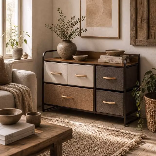 Wyld Haus Zini Brown 5 Drawer Dresser with Steel Frame and Wood Effect Top – 1