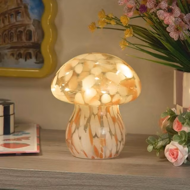 Lighting Collection Pixie LED Glass Mushroom Tabletop Lamp in Orange and White with Brass Details