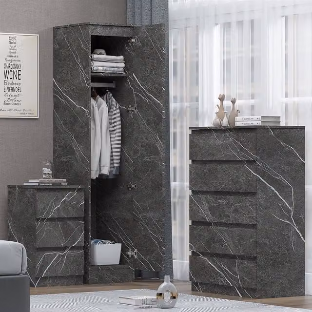 Zita 3 Piece Bedroom Furniture Set in Grey Marble Effect featuring 1 Door Wardrobe, Tall Chest and 3 Drawer Bedside Table
