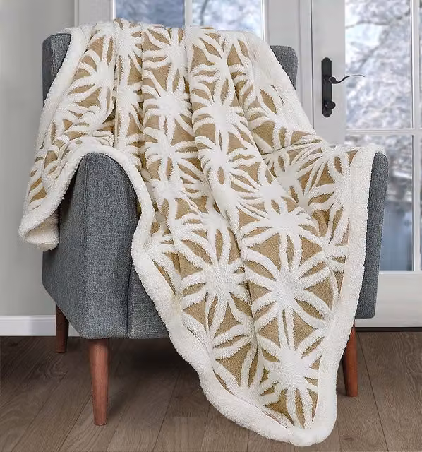Velosso Sherpa Backed Thermal Soft Jacquard Throw Blanket in Beige, W/D/H: 125 x 150 cm