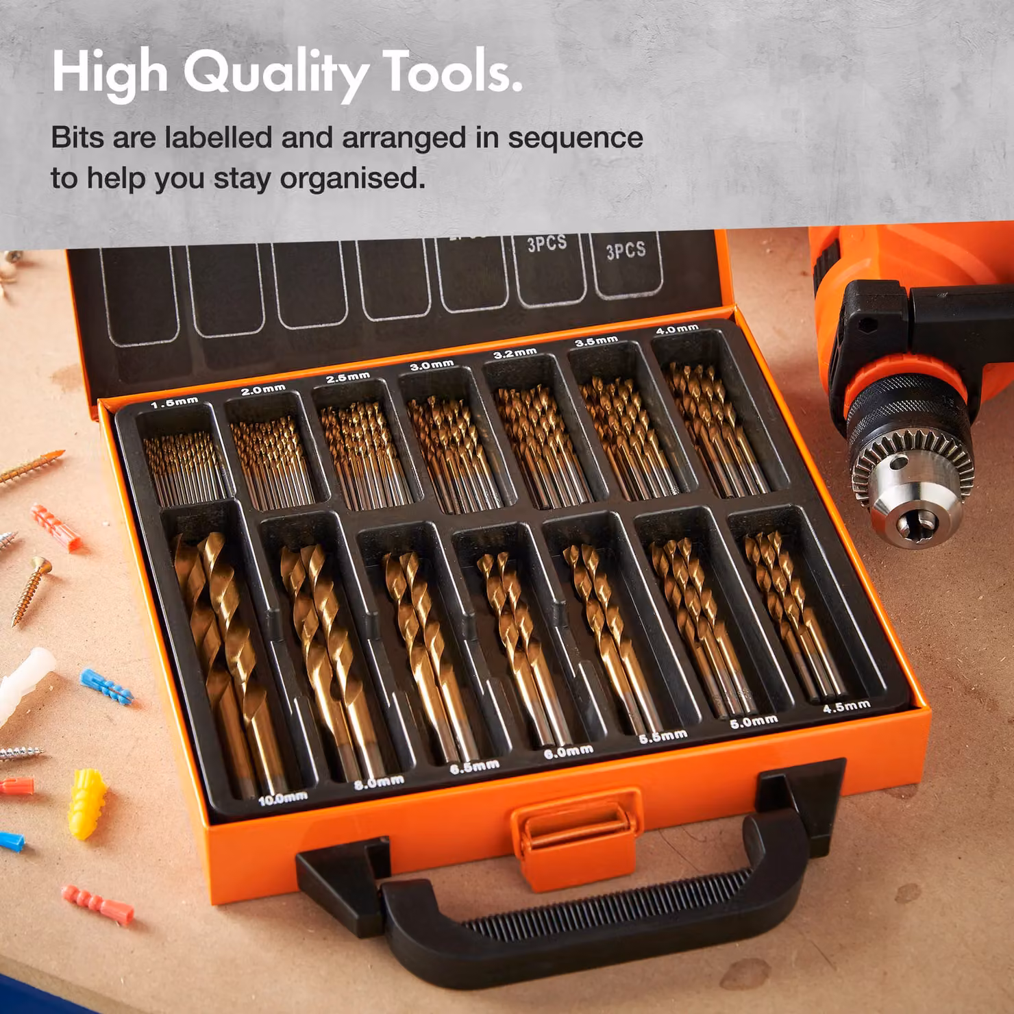 VonHaus 99 Piece HSS Titanium Coated Metal Drill Bit Set with Orange Carry Case – 3